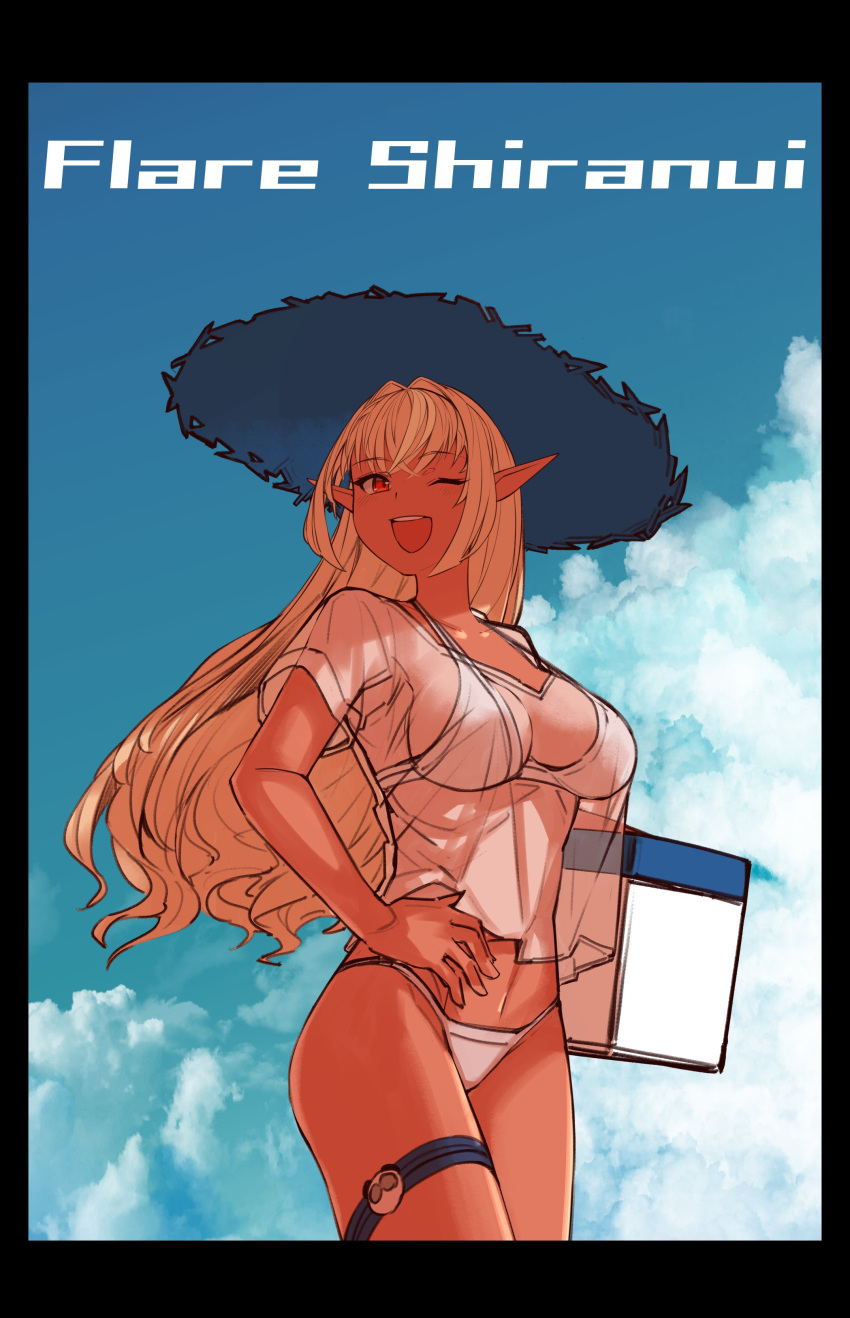 1girl absurdres bikini blonde_hair character_name clouds cooler dark-skinned_female dark_skin elf hat highres hololive legband one_eye_closed open_mouth pointy_ears red_eyes see-through_shirt shiranui_flare smile solo sun_hat swimsuit tenbin_gashira white_bikini