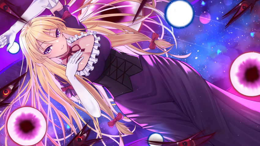 1girl absurdres arm_up artist_request bangs blonde_hair blue_sky bow breasts closed_mouth danmaku dress eyebrows_visible_through_hair frills gap_(touhou) gloves hair_between_eyes hair_bow hands_up highres holding long_hair looking_at_viewer medium_breasts night night_sky no_hat no_headwear puffy_short_sleeves puffy_sleeves purple_dress purple_sleeves red_bow red_eyes red_neckwear short_sleeves sky smile solo standing star_(sky) starry_sky touhou violet_eyes white_gloves yakumo_yukari