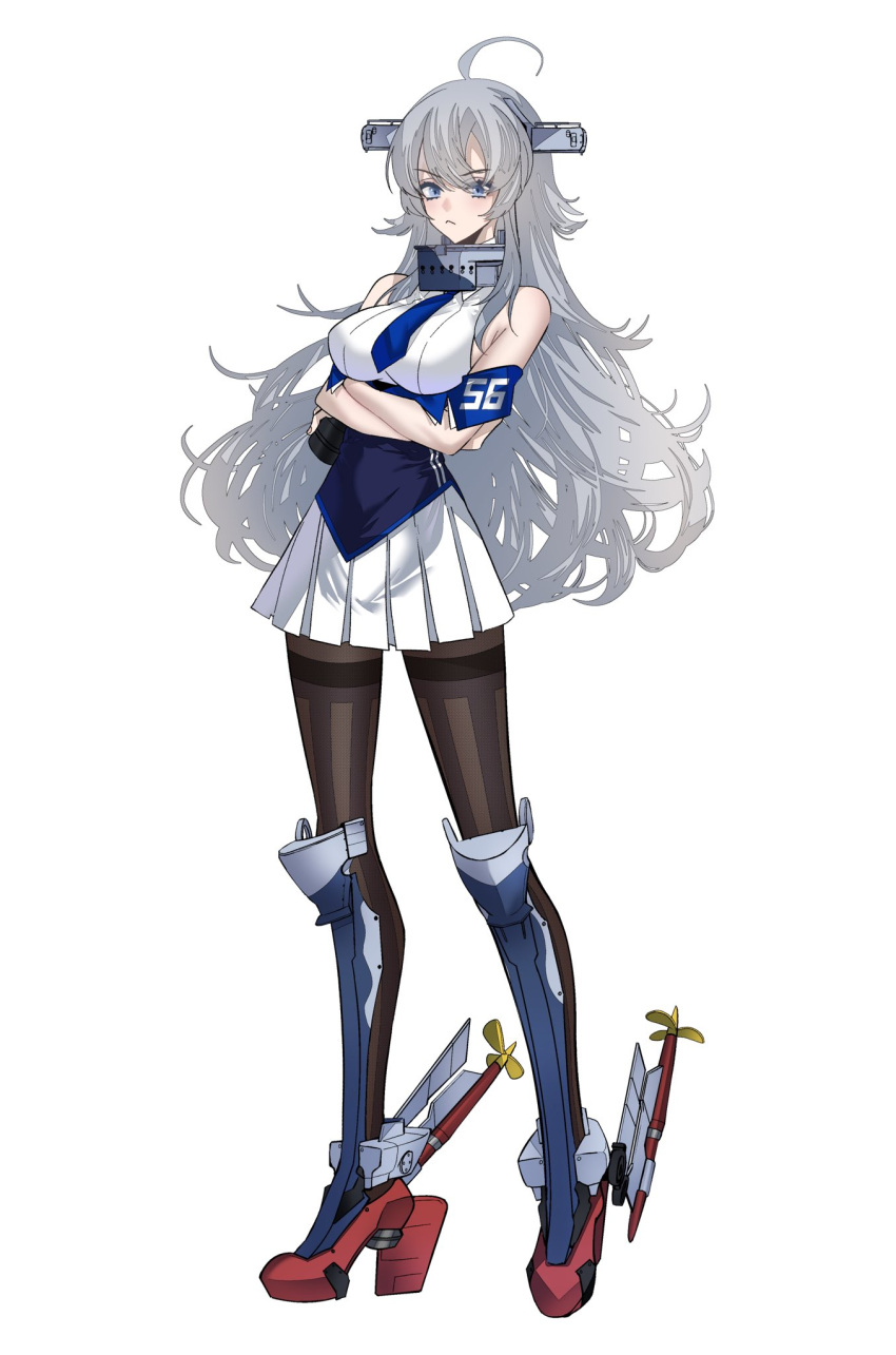 1girl :&lt; ahoge anno88888 bangs black_legwear blue_eyes blue_neckwear breasts closed_mouth crossed_arms full_body grey_hair headgear highres kantai_collection large_breasts long_hair looking_at_viewer necktie pantyhose pleated_skirt rudder_footwear simple_background skirt sleeveless solo standing washington_(kancolle) white_background white_skirt