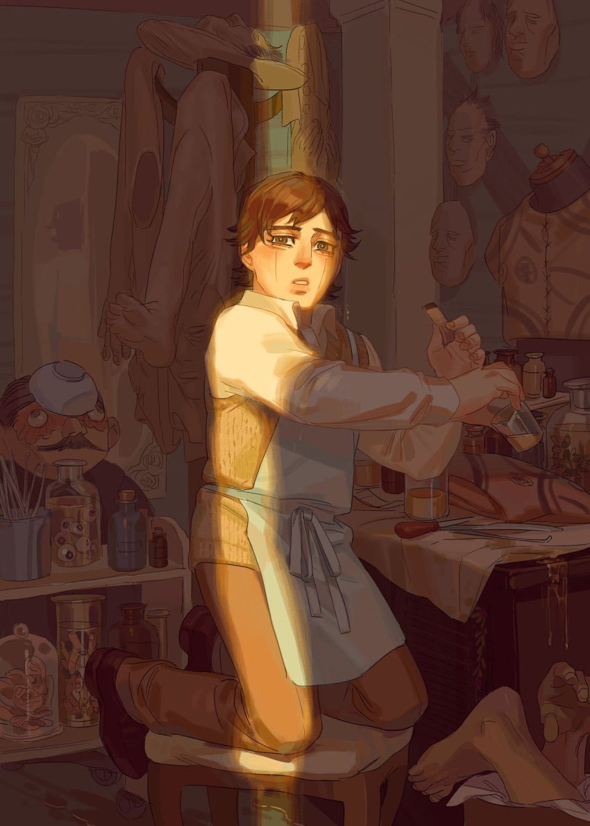 1boy aged_down apron blue_apron bowl bright_pupils brown_background brown_eyes brown_hair brown_pants chair chengongzi123 child clutter collared_shirt english_commentary eyeball full_body golden_kamuy hands_up highres holding indoors jar kneeling light_rays long_sleeves looking_at_viewer male_focus mannequin mask pants parted_lips severed_ear severed_finger shirt short_hair solo sunbeam sunlight table tsukishima_hajime workshop