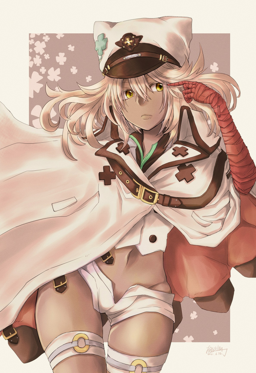 1girl bandaged_arm bandages blonde_hair dark-skinned_female dark_skin fighting_game guilty_gear guilty_gear_strive hat highres mariebell military_hat ramlethal_valentine white_headwear yellow_eyes