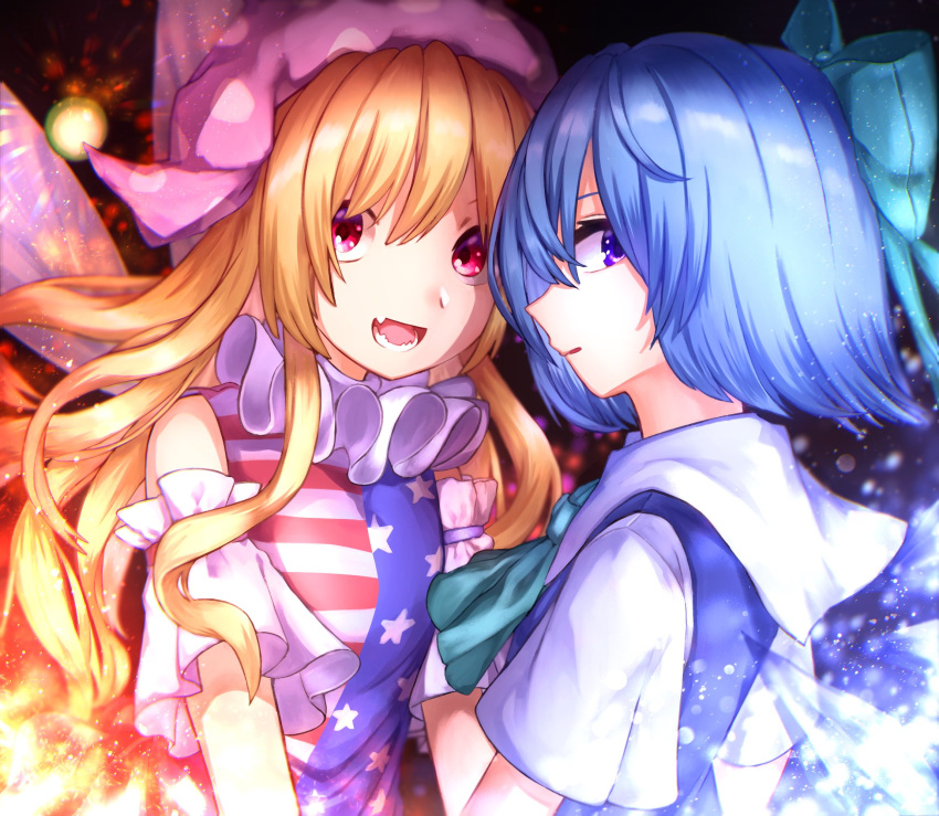 2girls american_flag_shirt bangs black_background blonde_hair blue_bow blue_dress blue_hair blue_shirt bow breasts cirno clownpiece collar detached_sleeves dress eyebrows_visible_through_hair fairy_wings fire hair_between_eyes hat highres ice ice_wings jester_cap long_hair looking_at_viewer medium_breasts mozuno_(mozya_7) multicolored multicolored_clothes multicolored_shirt multiple_girls open_mouth pink_eyes pink_headwear red_shirt shirt short_hair short_sleeves simple_background sleeveless sleeveless_shirt smile star_(symbol) star_print striped striped_shirt touhou violet_eyes white_shirt white_sleeves wings