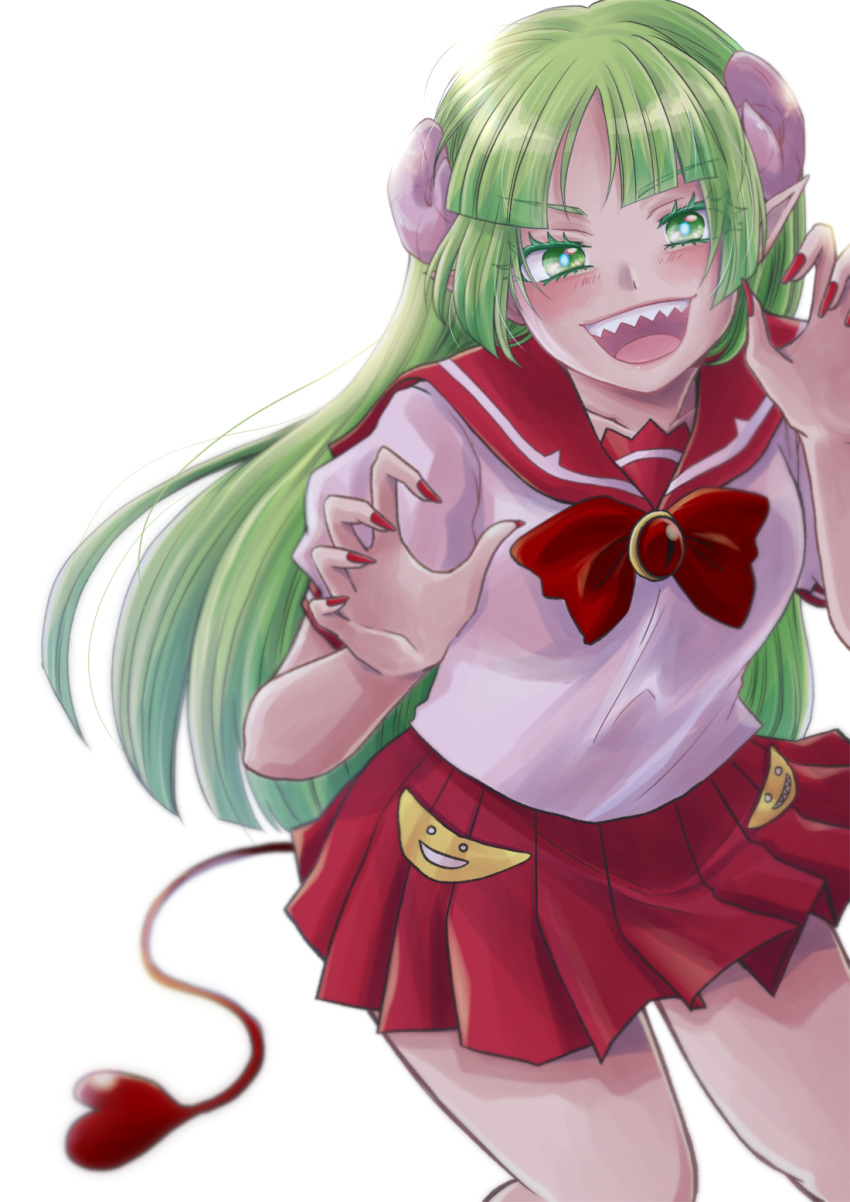 1girl blush furrowed_brow green_eyes green_hair hachicoro93 heart heart_tail highres horns mairimashita!_iruma-kun open_mouth pointy_ears red_nails red_skirt sailor_collar sharp_teeth shirt skirt smile tail teeth valac_clara white_background white_shirt