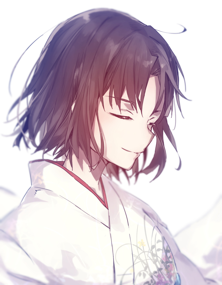 1girl ahoge bangs closed_eyes eyebrows_behind_hair eyebrows_visible_through_hair fate/grand_order fate_(series) highres japanese_clothes kimono ryougi_shiki shigure_(shigure_43) short_hair simple_background smile solo type-moon upper_body white_background white_kimono