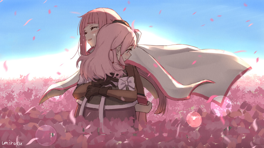 2girls black_dress black_gloves blush bodystocking bow closed_eyes closed_mouth commentary_request day dress flower gloves hug long_hair magia_record:_mahou_shoujo_madoka_magica_gaiden mahou_shoujo_madoka_magica multiple_girls outdoors parted_lips petals pink_flower pink_hair profile red_eyes siblings sisters smile tamaki_iroha tamaki_ui tears umiroku white_bow