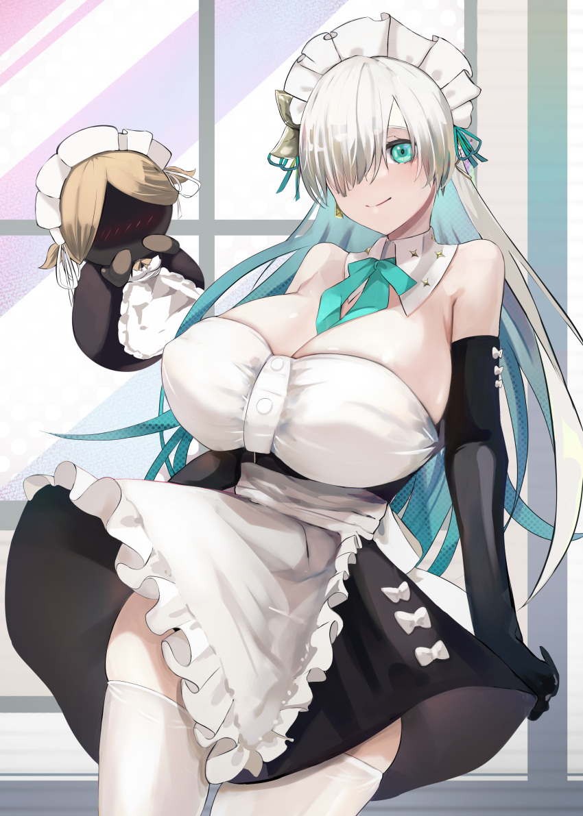 1girl absurdres anastasia_(fate) apron bangs bare_shoulders black_dress blush breasts closed_mouth collarbone doll dress eyebrows_visible_through_hair fate/grand_order fate_(series) full_body gloves green_eyes hair_ornament highres large_breasts long_hair looking_at_viewer maid maid_apron maid_headdress san_(harutuki_3) simple_background smile socks solo standing thigh-highs waist_apron white_apron white_background white_hair