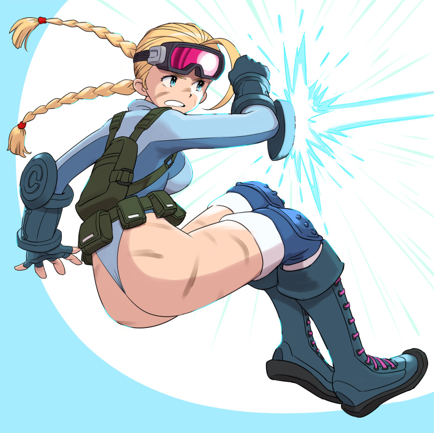 1girl ahoge antenna_hair ass backpack bag blonde_hair blue_eyes boots braid breasts cammy_white fingerless_gloves gauntlets gloves goggles goggles_on_head highleg highleg_leotard highres knee_boots knee_pads large_breasts laser_beam leotard long_hair official_alternate_costume pouch scar shigenobu solo street_fighter street_fighter_v thong thong_leotard twin_braids