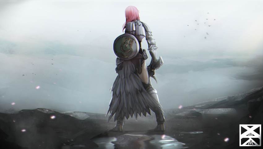 1girl absurdres armor armored_boots asymmetrical_clothes boots feather_skirt final_fantasy final_fantasy_xiii from_behind full_body gauntlets highres holding holding_shield holding_sword holding_weapon lightning_farron long_skirt looking_afar medium_hair pink_hair puddle shield skirt solo sword thighs weapon xuuikie_ashe