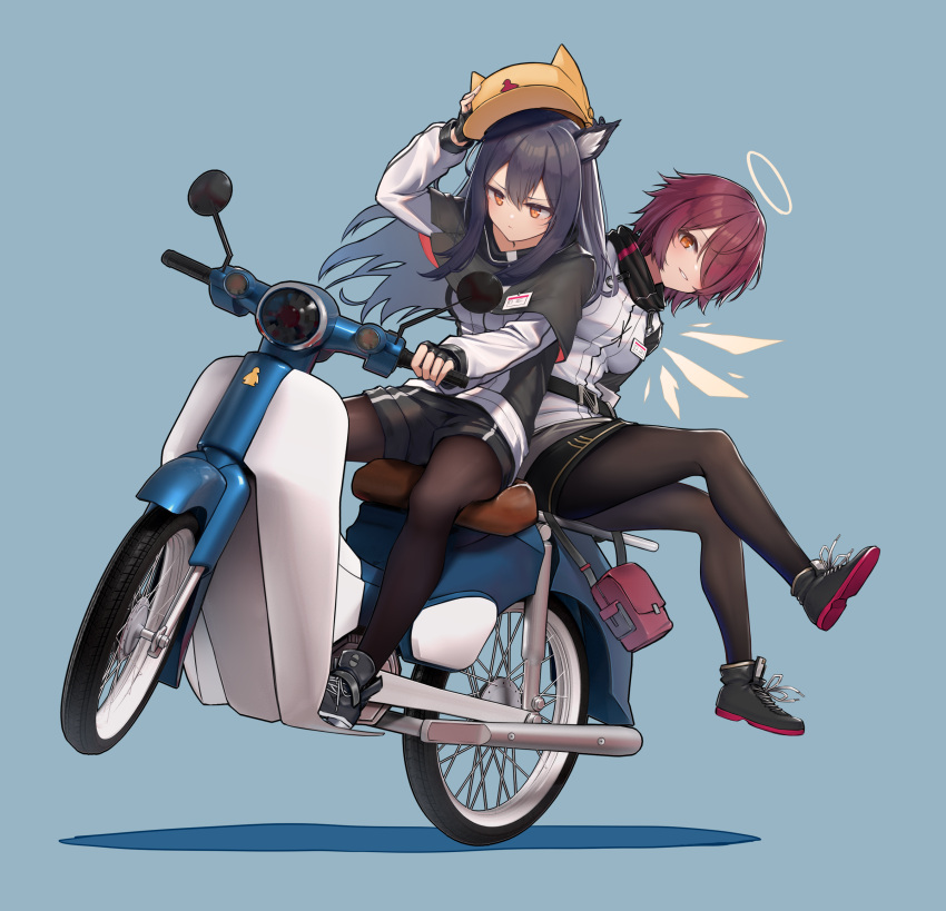 2girls absurdres animal_ear_fluff animal_ears arknights bag bangs black_footwear black_gloves black_hair black_legwear blue_background breasts brown_eyes capelet commentary_request exusiai_(arknights) fingerless_gloves gloves ground_vehicle hair_between_eyes hair_over_one_eye halo highres honda honda_super_cub jacket long_hair long_sleeves looking_at_viewer moped motor_vehicle multiple_girls pantyhose piercing redhead shirt short_hair shorts simple_background smile tail terebi_(shimizu1996) texas_(arknights) white_jacket wings wolf_ears wolf_tail