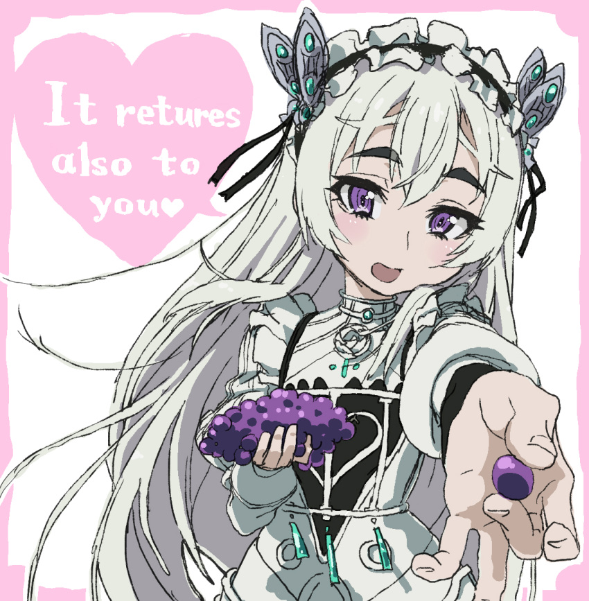 1girl :d chaika_trabant dress english_text engrish_text food fruit grapes heart highres hitsugi_no_chaika holding holding_food holding_fruit incoming_food long_hair long_sleeves looking_at_viewer maid_headdress open_mouth ranguage smile solo typehatena very_long_hair violet_eyes white_dress white_hair