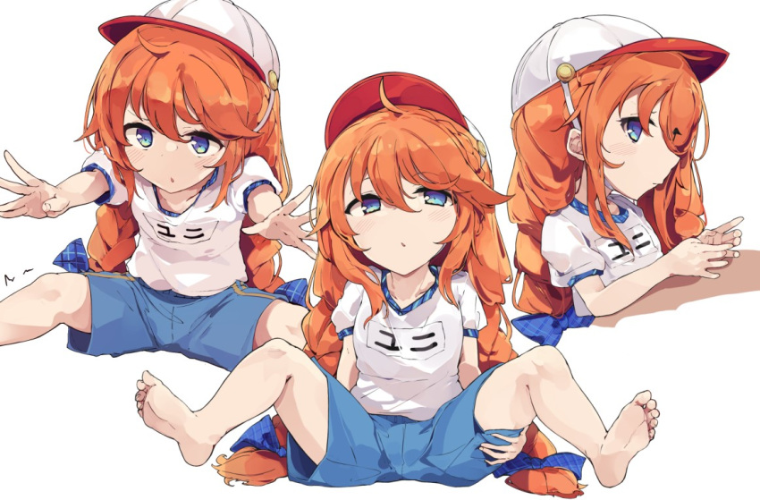 1girl bangs barefoot baseball_cap blue_shorts blush braid breasts hat leaning_forward long_hair looking_at_viewer multiple_views name_tag open_mouth orange_hair outstretched_arms pkpkpppk princess_connect! shirt short_sleeves shorts sitting small_breasts spread_legs stretch thighs twin_braids violet_eyes white_shirt yuni_(princess_connect!)