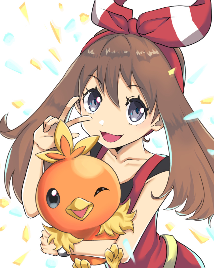 1girl bangs bracelet brown_hair collarbone eyebrows_visible_through_hair gen_3_pokemon grey_eyes hair_between_eyes hair_ribbon highres holding holding_pokemon jewelry looking_at_viewer may_(pokemon) open_mouth pokemon pokemon_(creature) pokemon_(game) pokemon_oras red_shirt ribbon shirt sleeveless sleeveless_shirt torchic upper_body v yuuki510510