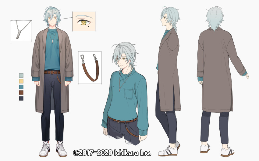 1boy absurdres bangs belt blue_hair blue_sweater brown_belt character_sheet color_guide highres jewelry male_focus mole mole_under_eye multiple_views necklace nijisanji nijisanji_kr official_art shiba_0 shin_kiru shoes sneakers sweater virtual_youtuber white_background white_footwear yellow_eyes