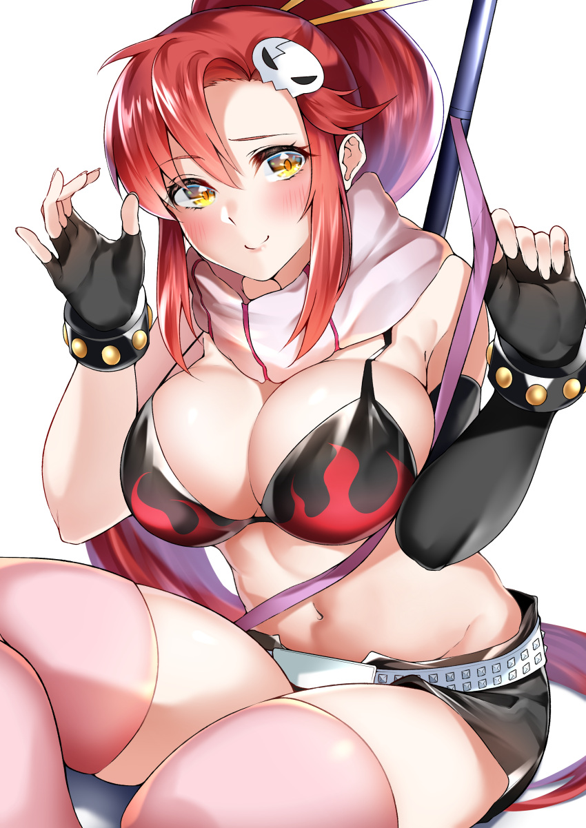 1girl absurdres belt bikini bikini_top black_gloves black_shorts breasts elbow_gloves fingerless_gloves gloves hair_ornament highres large_breasts long_hair navel pink_legwear ponytail redhead short_shorts shorts single_elbow_glove sitting skull_hair_ornament studded_belt swimsuit tengen_toppa_gurren_lagann thigh-highs very_long_hair white_belt yellow_eyes yoko_littner yuu-kun_(linke_hand)