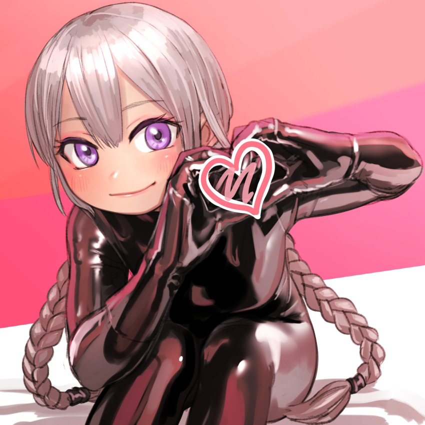 1girl black_bodysuit black_gloves blush bodysuit braid closed_mouth gloves grey_hair heart heart_hands highres kilye_kairi latex latex_bodysuit latex_gloves leaning_forward long_hair looking_at_viewer momoka_(cosplayer) real_life sitting smile solo twin_braids very_long_hair violet_eyes