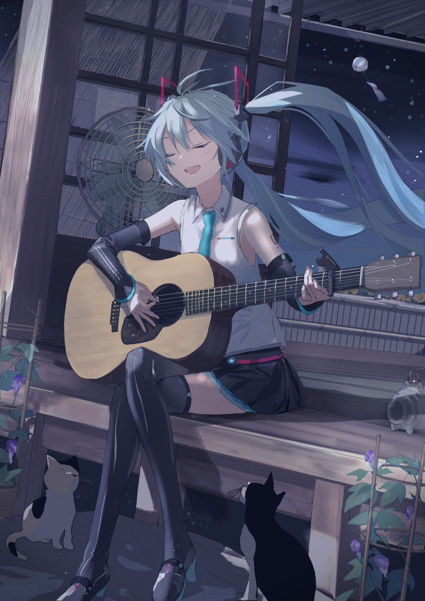 1girl absurdres acoustic_guitar ahoge aqua_hair aqua_neckwear arm_tattoo bangs blue_hair blue_neckwear boots breasts cabin cat closed_eyes collared_shirt commentary_request crossed_legs elbow_gloves electric_fan floating_hair flower gloves guitar hatsune_miku headphones highres huge_filesize instrument long_hair music necktie night night_sky number open_mouth playing_instrument pleated_skirt plectrum purple_flower shibatadtm shirt singing sitting skirt sky sleeveless small_breasts solo tattoo teapot thigh-highs thigh_boots twintails very_long_hair vocaloid wind_chime wooden_floor zettai_ryouiki