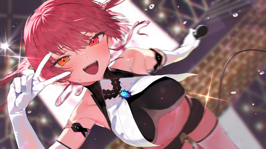 1girl :d arm_strap bare_shoulders black_shorts blurry blurry_background blush breasts brooch cable commentary_request crop_top depth_of_field dutch_angle elbow_gloves gem gloves heterochromia highres holding holding_microphone hololive houshou_marine jewelry large_breasts looking_at_viewer microphone navel open_mouth orange_eyes pomesaurus redhead sapphire_(gemstone) see-through short_hair short_shorts short_twintails shorts sleeveless smile solo stage sweat thigh-highs twintails v wallpaper white_gloves white_legwear