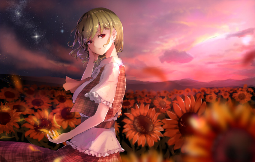 1girl bangs belt breasts closed_mouth clouds cloudy_sky collar earrings eyebrows_visible_through_hair flower frills green_hair hand_on_own_face hand_up jewelry kazami_yuuka leaf looking_to_the_side medium_breasts night night_sky no_hat no_headwear orange_neckwear pink_sky red_belt red_eyes red_skirt red_vest shironeko_yuuki shirt short_hair skirt sky smile solo star_(sky) starry_sky sunflower sunset teeth touhou vest white_shirt white_sleeves yellow_flower