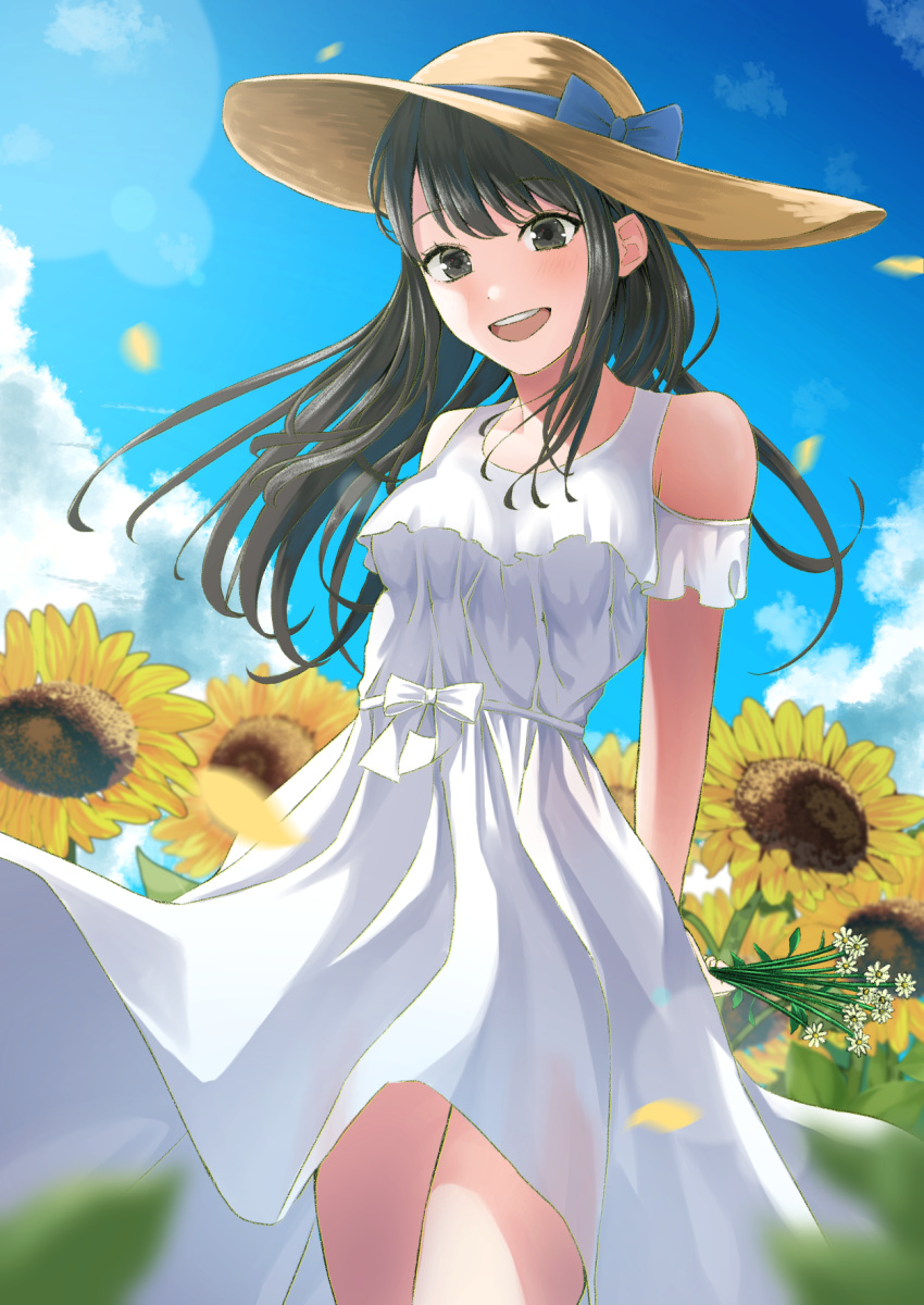 1girl :d arm_behind_back b449 black_eyes black_hair blue_bow blue_ribbon blue_sky blurry blurry_foreground bow clothing_cutout clouds day dress field floating_hair flower flower_field hat hat_bow hat_ribbon highres long_hair open_mouth original outdoors ribbon shiny shiny_hair shoulder_cutout sky sleeveless sleeveless_dress smile solo standing straw_hat summer sun_hat sundress sunflower white_bow white_dress yellow_flower yellow_headwear