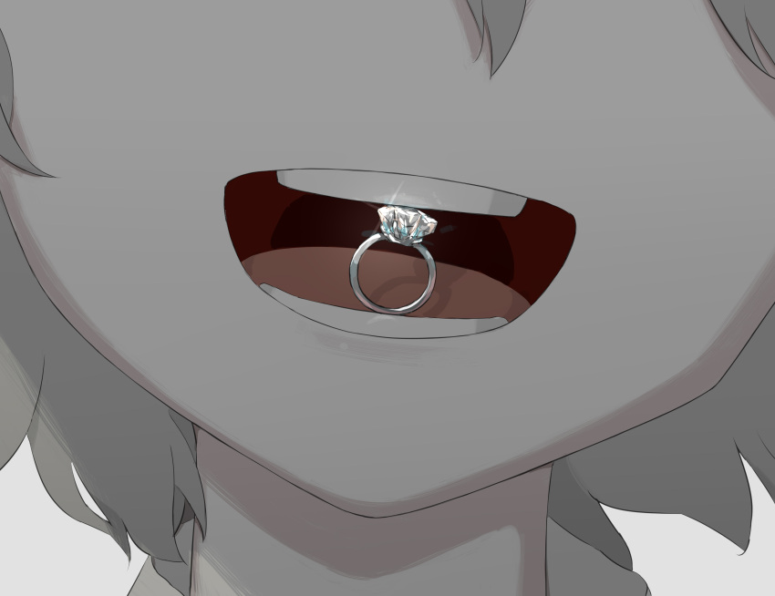 1boy :d absurdres avogado6 commentary_request diamond_(gemstone) diamond_ring facing_viewer glint grey_hair highres jewelry male_focus mouth_hold open_mouth original ring smile solo wedding_ring