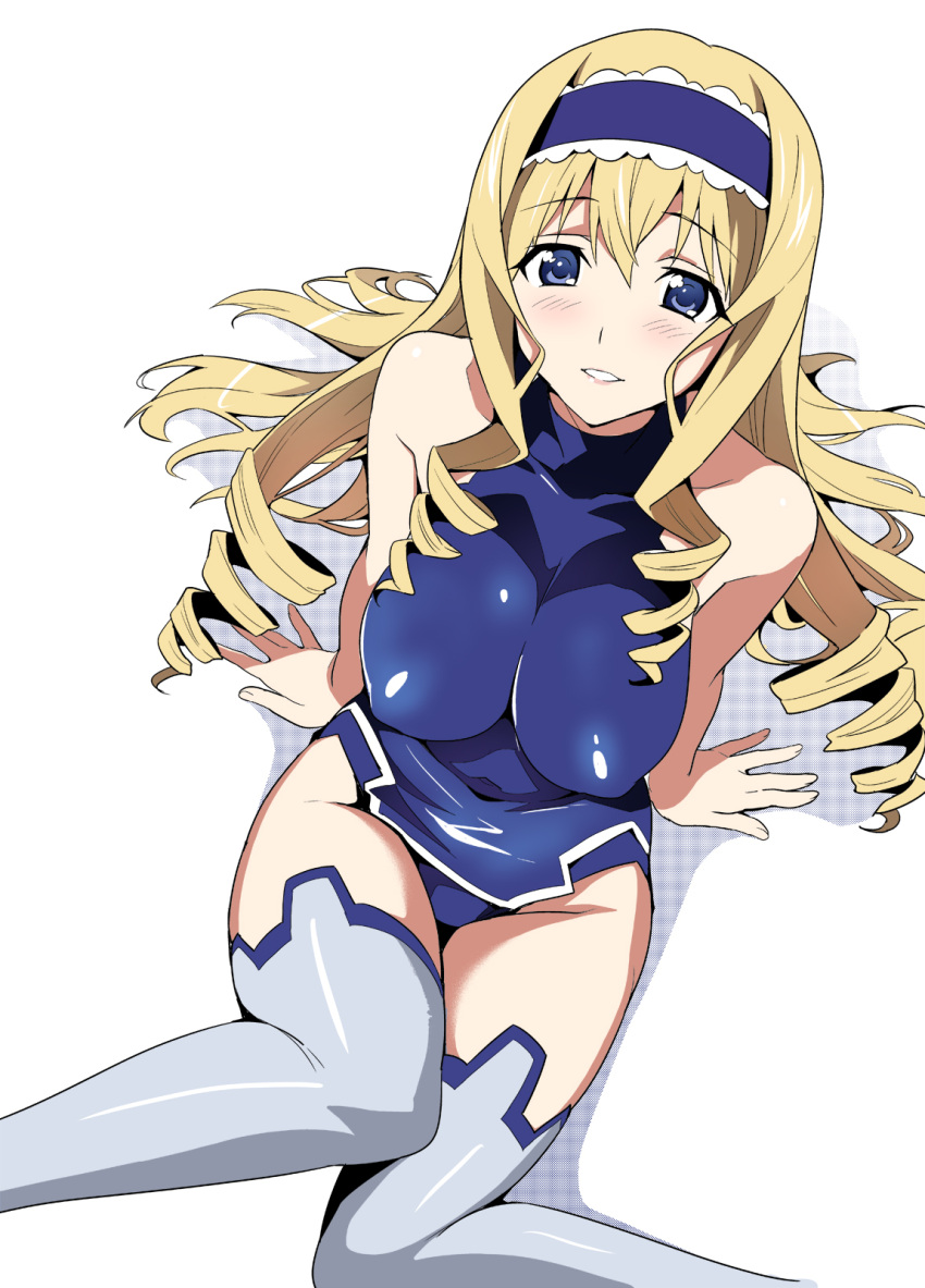 1girl arm_support bangs bare_shoulders blonde_hair blue_eyes blue_hairband blue_leotard blush breasts cecilia_alcott covered_nipples drill_hair dutch_angle from_above grey_legwear hair_spread_out hairband halterneck highres impossible_clothes infinite_stratos lace large_breasts leotard long_hair looking_at_viewer photoshop_(medium) pilot_suit shadow shiny shiny_clothes sidelocks simple_background sitting skin_tight smile solo takeda_hiromitsu thigh-highs turtleneck very_long_hair white_background
