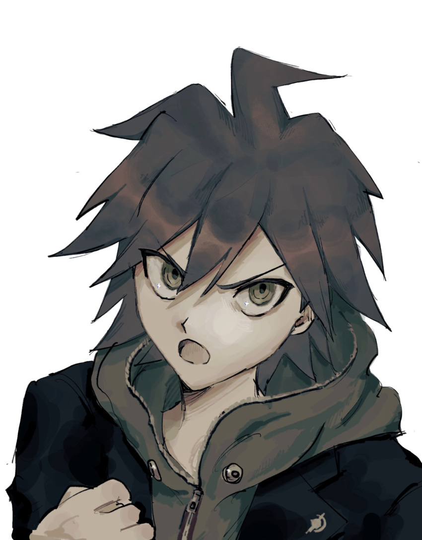 1boy :o absurdres ahoge bangs black_jacket brown_eyes brown_hair clenched_hand dangan_ronpa:_trigger_happy_havoc dangan_ronpa_(series) dark_background hair_between_eyes hand_up highres hood hood_down jacket looking_at_viewer male_focus naegi_makoto open_mouth red_eyes sema_(vivaviva_02) serious short_hair simple_background solo spiky_hair upper_body white_background