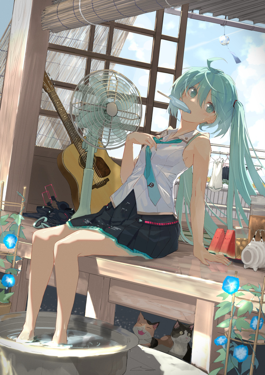 1girl absurdres acoustic_guitar ahoge aqua_eyes aqua_hair aqua_neckwear bare_legs barefoot blue_eyes blue_flower blue_hair blue_neckwear breasts bucket bucket_of_water cabin cat clothes_hanger clouds cloudy_sky day electric_fan flower food food_in_mouth guitar hatsune_miku head_tilt headphones headphones_removed highres hot huge_filesize ice_cream ice_cream_bar instrument leaning_back light_blue_hair long_hair looking_to_the_side mouth_hold necktie necktie_grab neckwear_grab pleated_skirt popsicle reflective_floor shibatadtm shirt sitting skirt sky sleeveless sleeveless_shirt small_breasts soaking_feet solo sunlight teapot very_long_hair vocaloid watermelon_slice white_shirt wind_chime wooden_floor