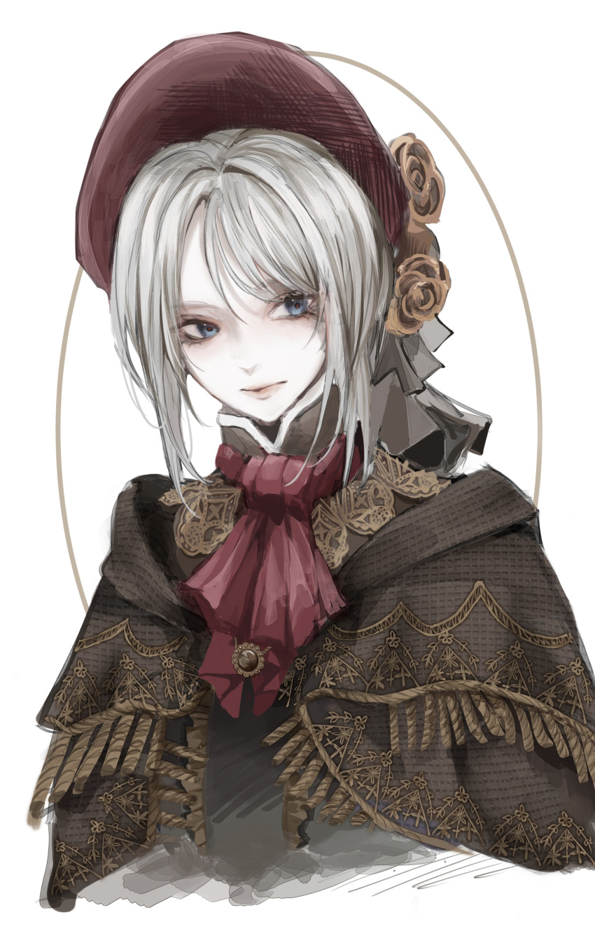 1girl absurdres ascot bangs bloodborne bonnet cloak closed_mouth commentary_request cravat dress flower green_eyes hat highres long_hair looking_at_viewer plain_doll rose simple_background solo swept_bangs white_background white_hair yonglai_tian