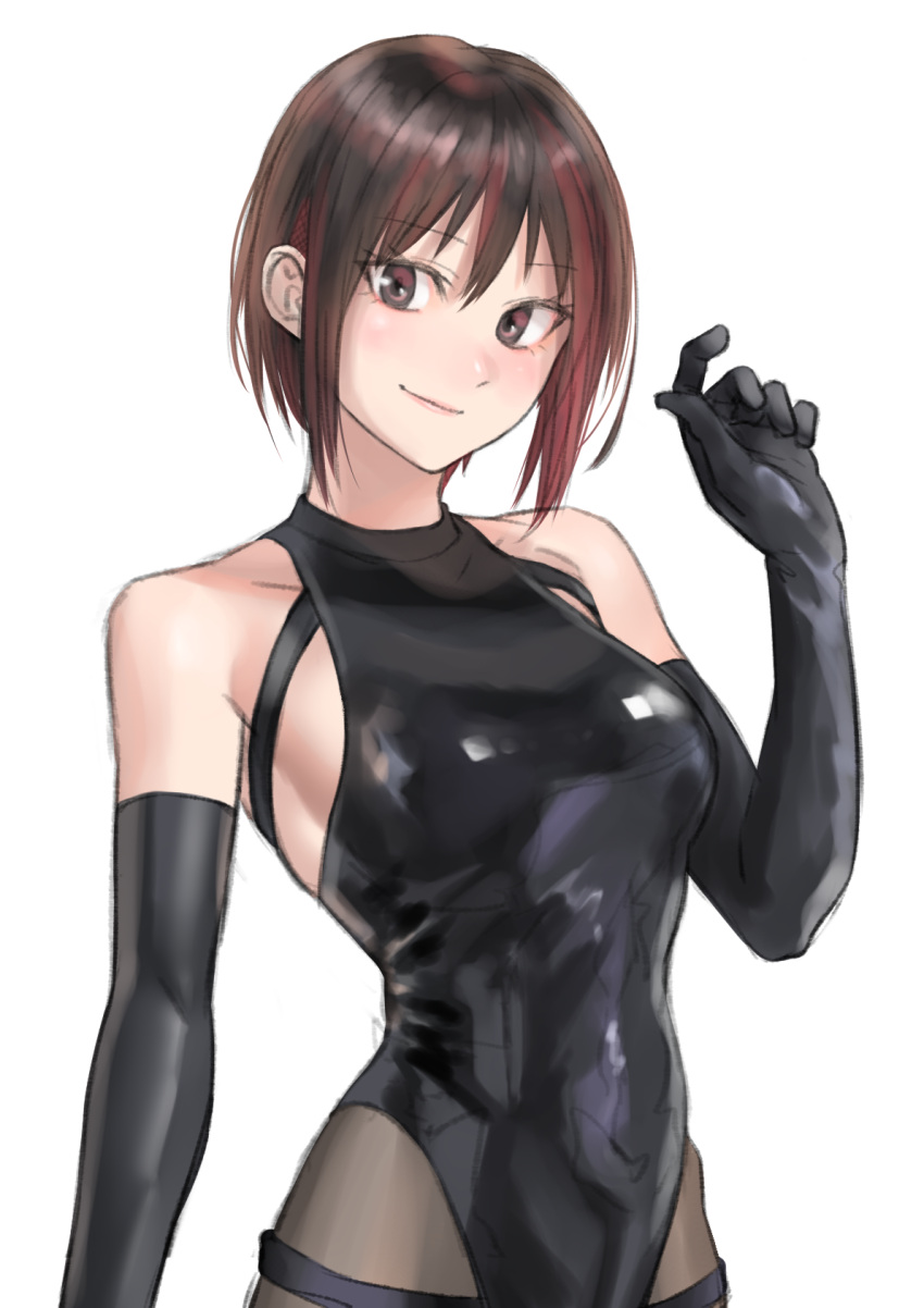 1girl bare_shoulders black_gloves black_hair blush brown_eyes brown_hair closed_mouth competition_swimsuit elbow_gloves gloves hand_up highres kilye_kairi looking_at_viewer multicolored_hair one-piece_swimsuit original redhead short_hair simple_background smile solo streaked_hair swimsuit upper_body white_background