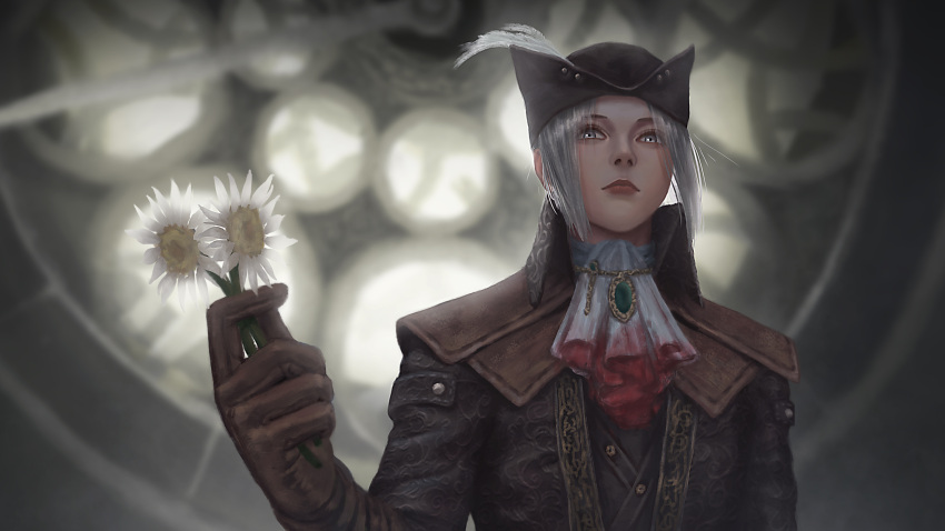 1girl absurdres ascot blonde_hair blood bloodborne blue_eyes cape coat cravat flower gem gloves hat hat_feather highres holding lady_maria_of_the_astral_clocktower long_hair looking_at_viewer ponytail solo the_old_hunters tricorne turtle_king white_hair