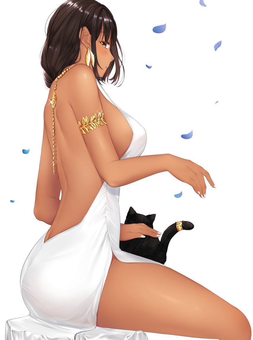 1girl absurdres armlet azur_lane backless_dress backless_outfit black_cat black_hair breasts cat cocktail_dress dark-skinned_female dark_skin dress earrings evening_gown feather_earrings feathers halter_dress halterneck highres jewelry large_breasts native_american posieaty sideboob south_dakota_(azur_lane) south_dakota_(solo_concert)_(azur_lane) yellow_eyes