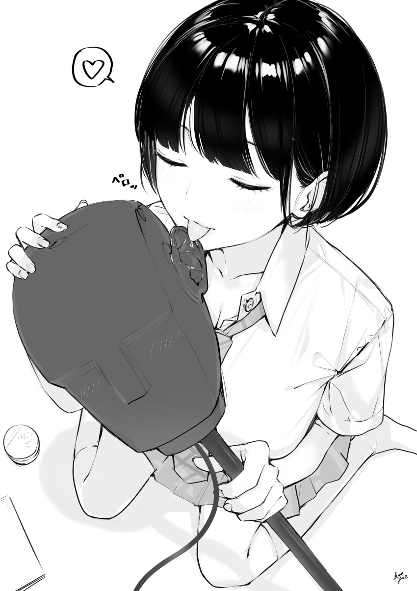 1girl absurdres asmr bob_cut closed_eyes dummy greyscale heart highres licking licking_ear monochrome original school_uniform short_hair solo spoken_heart takenoko_no_you tongue tongue_out