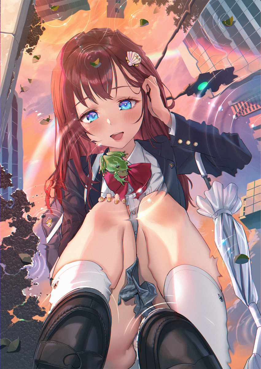 1girl bag bangs blazer blue_eyes blush bow brown_hair building frog highres jacket long_hair mhk_(mechamania) open_mouth original pleated_skirt puddle red_bow reflection ripples school_uniform shirt skirt solo squatting water white_shirt