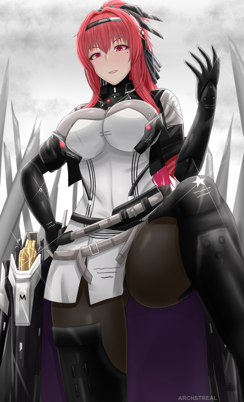 1girl archstreal bangs black_footwear black_gloves black_legwear blush boots breasts elbow_gloves gloves hair_intakes hair_ornament highres large_breasts long_hair mole mole_under_eye outdoors pantyhose parted_lips punishing:_gray_raven red_eyes redhead smile solo standing thigh-highs thigh_boots thighs vera_(forever_7th_capital)