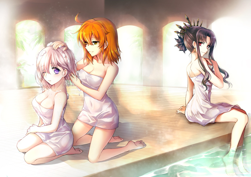 3girls ahoge bangs bathing black_hair breasts fate/grand_order fate_(series) fujimaru_ritsuka_(female) hair_over_one_eye highres ishtar_(fate) ishtar_(fate)_(all) large_breasts light_purple_hair long_hair looking_at_viewer mash_kyrielight medium_breasts mintes multiple_girls orange_eyes orange_hair parted_bangs red_eyes short_hair sitting smile tiara towel violet_eyes water