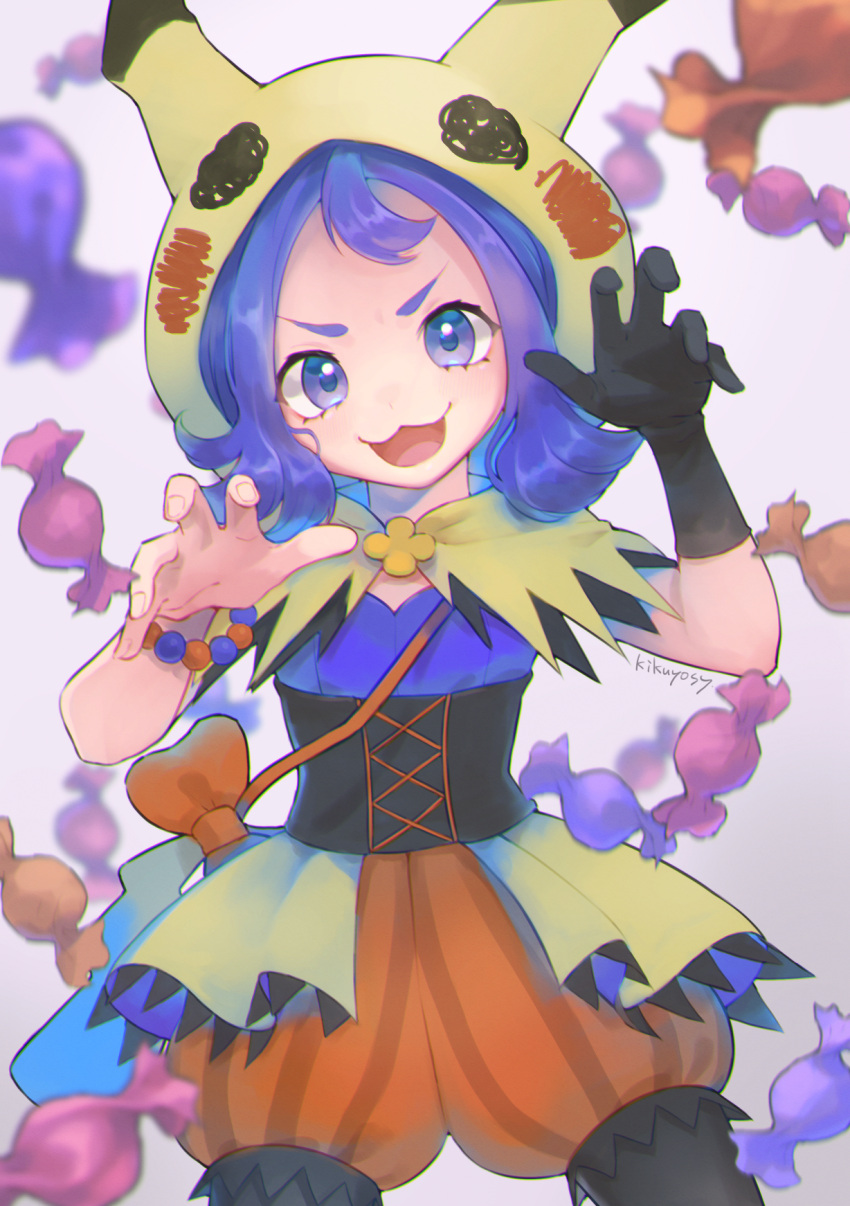 1girl :3 :d acerola_(pokemon) bangs bead_bracelet beads black_gloves black_legwear blurry bracelet candy_wrapper capelet commentary_request eyelashes gloves hands_up highres hood hooded_capelet jewelry kikuyoshi_(tracco) legwear_under_shorts looking_at_viewer medium_hair open_mouth orange_bracelet orange_shorts pantyhose pokemon pokemon_(game) pokemon_masters_ex purple_hair shiny shiny_hair shorts signature single_glove smile solo striped themed_object tongue vertical-striped_shorts vertical_stripes violet_eyes waist_cape