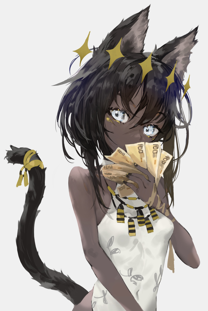 1girl animal_ears bangosu bangs bare_shoulders black_hair black_nails breasts cat_ears cat_tail colored_skin commentary_request covering_mouth dark_skin dress egypt egyptian grey_background grey_skin hand_up highres holding looking_at_viewer original simple_background small_breasts solo sparkle tail tail_raised upper_body white_dress white_eyes