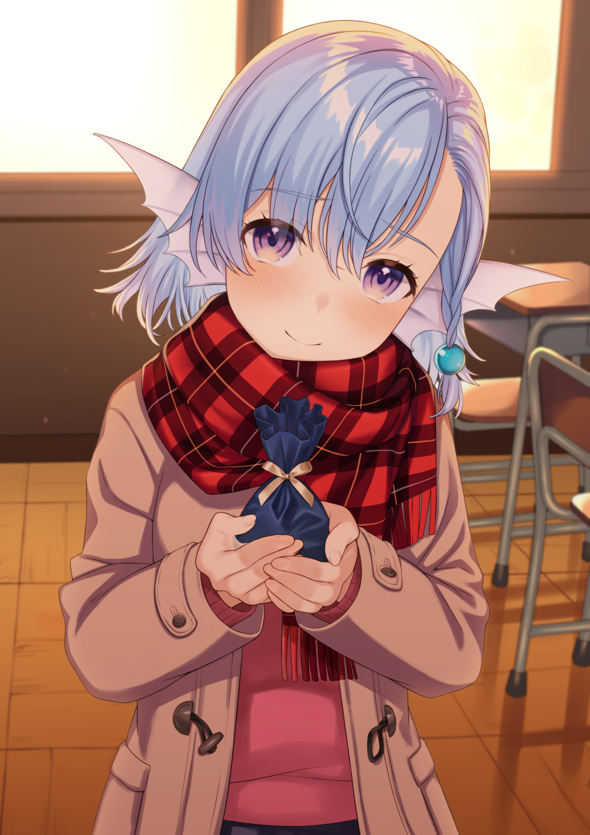 1girl absurdres animal_ears bangs blue_hair blush braid breasts brown_coat classroom closed_mouth coat elliot_leucosia enjou_kouhai_oshiego_wa_elf_ryuu_ningyo_jinrou eyebrows_visible_through_hair fins fish_girl gift hair_between_eyes hair_ornament hands_up head_fins head_tilt heart highres holding holding_gift indoors long_sleeves looking_at_viewer monster_girl plaid plaid_scarf red_scarf ribbon scarf short_hair smile solo takunomi valentine