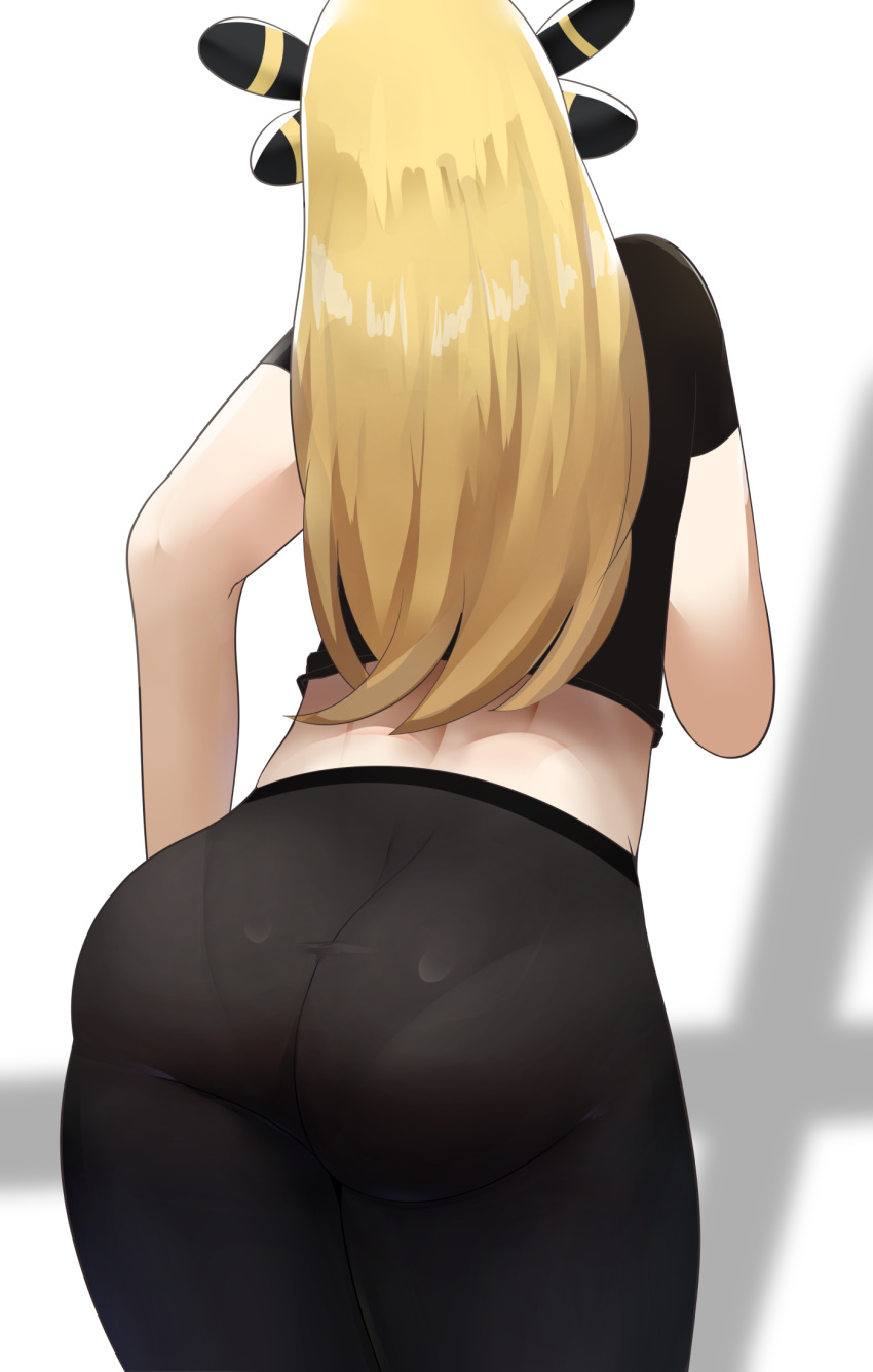 1girl alternate_costume ass black_pants black_shirt blonde_hair cowboy_shot cynthia_(pokemon) facing_away from_behind hair_ornament highres leaning_forward pants pokemon sana!rpg shirt short_sleeves solo tight tight_pants white_background yoga_pants