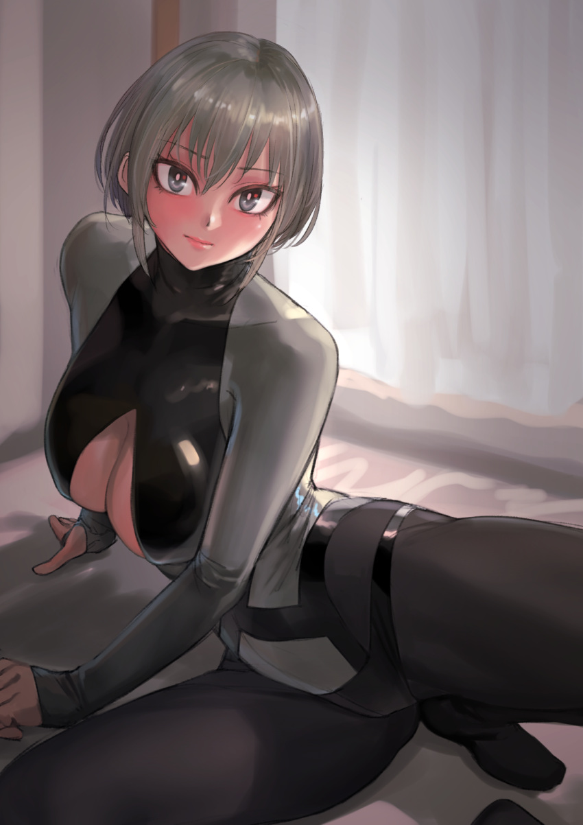 1girl blush bodysuit breasts cleavage_cutout closed_mouth clothing_cutout grey_bodysuit grey_eyes grey_hair highres kilye_kairi large_breasts latex looking_at_viewer original short_hair sitting skin_tight solo