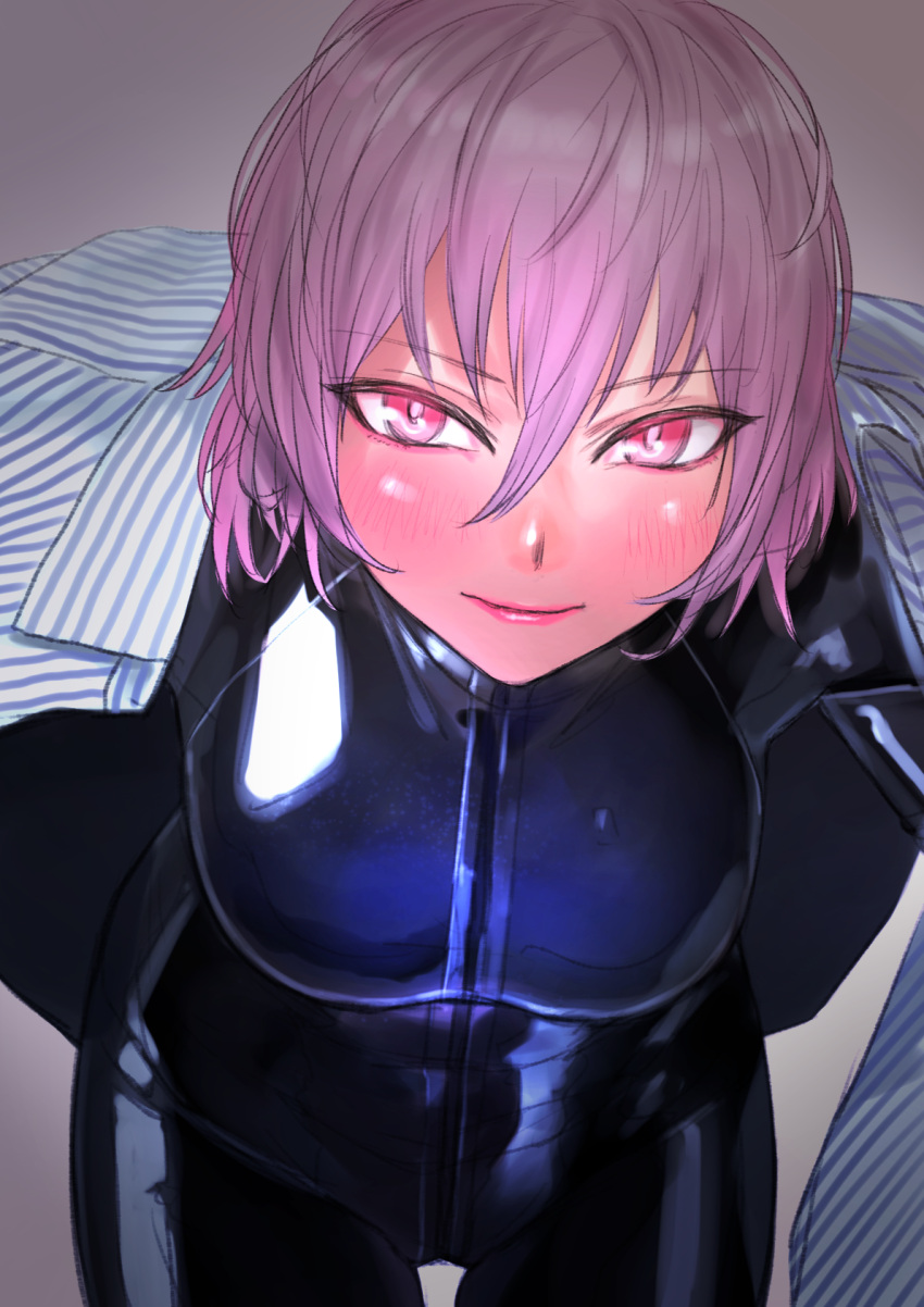 1girl black_bodysuit blue_shirt blush bodysuit breasts bright_pupils closed_mouth hair_between_eyes highres kilye_kairi large_breasts latex latex_bodysuit looking_at_viewer original pink_eyes pink_hair shirt skin_tight smile solo striped striped_shirt