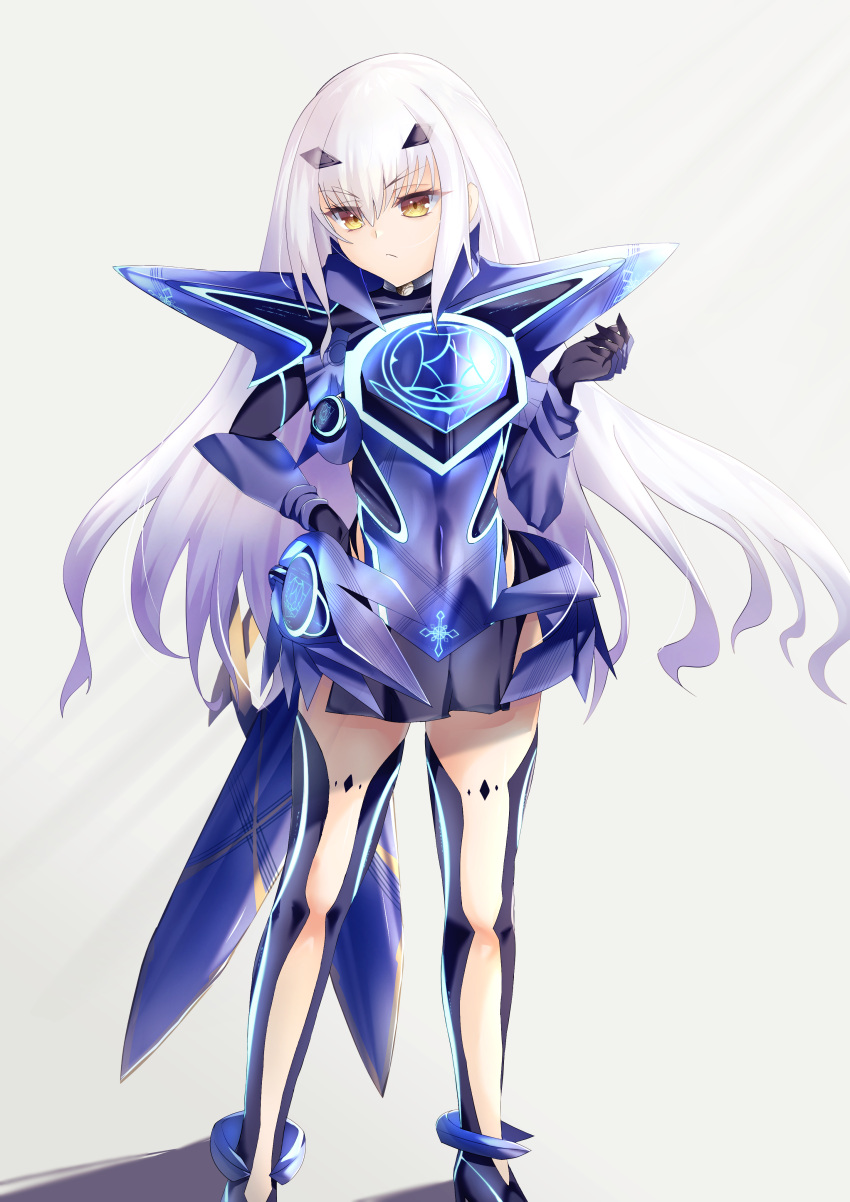 1girl absurdres armor armored_dress bangs black_gloves blue_armor blue_dress blue_legwear breastplate breasts brown_eyes dress fairy_knight_lancelot_(fate) fate/grand_order fate_(series) faulds gloves hand_on_hip highres long_hair looking_at_viewer mask one_heart1201 pauldrons short_dress shoulder_armor sidelocks small_breasts thighs white_hair