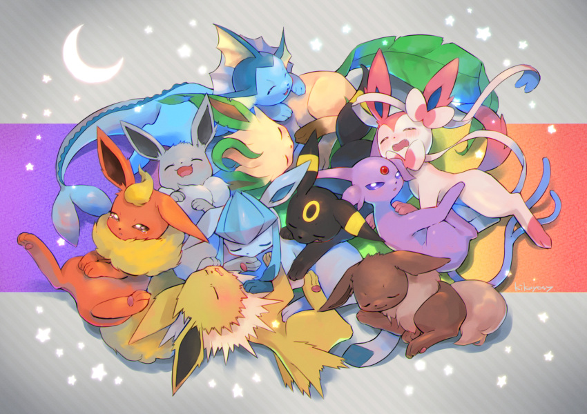 alternate_color blush closed_eyes commentary_request crescent eevee espeon flareon gen_1_pokemon gen_2_pokemon gen_4_pokemon gen_6_pokemon glaceon highres jolteon kikuyoshi_(tracco) leaf leafeon looking_at_viewer open_mouth paws pokemon shiny_pokemon sleeping sleepy smile sylveon tearing_up toes tongue umbreon vaporeon violet_eyes