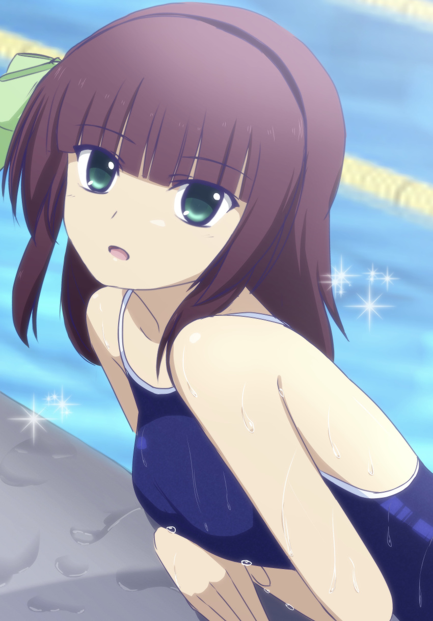 1girl absurdres angel_beats! bangs black_hairband blue_swimsuit blunt_bangs blurry blurry_background bow brown_hair collarbone eyebrows_visible_through_hair green_bow green_eyes hair_bow hairband highres leaning_forward lelie long_hair looking_at_viewer open_mouth poolside school_swimsuit solo spaghetti_strap sparkle swimsuit yuri_(angel_beats!)