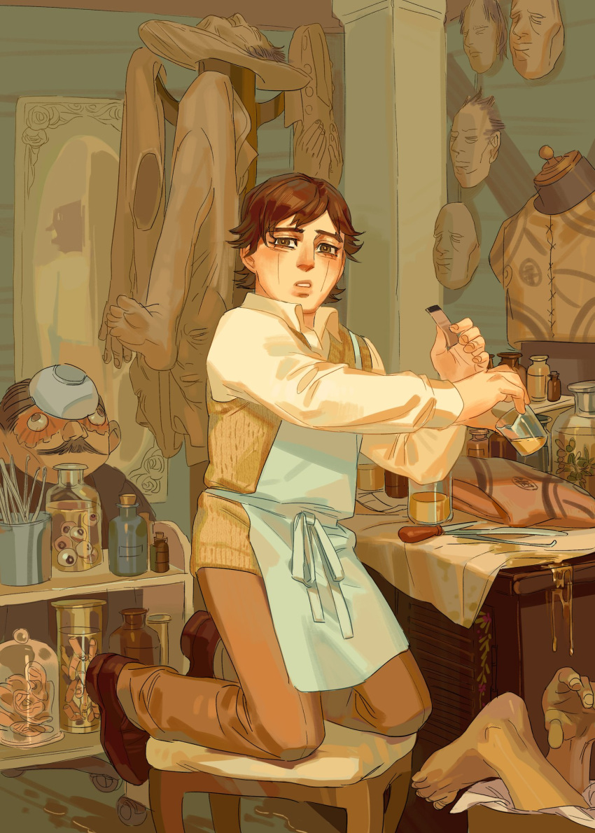 1boy aged_down apron blue_apron bowl bright_pupils brown_eyes brown_hair brown_pants chair chengongzi123 child clutter collared_shirt english_commentary eyeball full_body golden_kamuy green_background hands_up highres holding indoors jar kneeling long_sleeves looking_at_viewer male_focus mannequin mask pants parted_lips severed_ear severed_finger shirt short_hair solo table tsukishima_hajime workshop