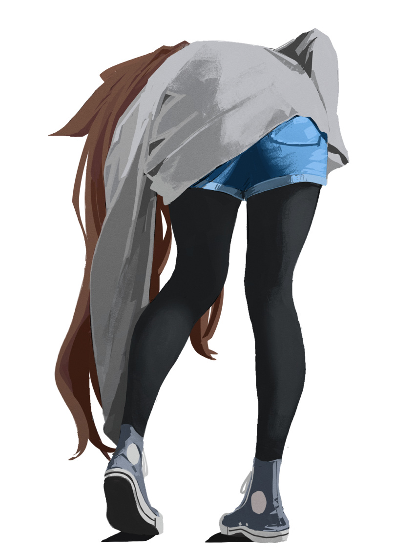 1girl amiya_(arknights) arknights bent_over black_legwear blue_footwear brown_hair commentary converse denim denim_shorts from_behind full_body grey_sweater highres leaning_forward legwear_under_shorts long_hair long_sleeves lumirumi pantyhose shorts simple_background solo standing sweater white_background