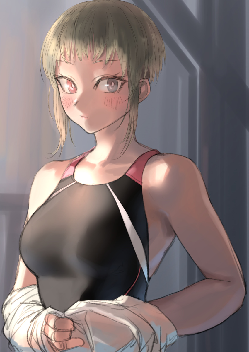 1girl bare_shoulders blush breasts bright_pupils closed_mouth competition_swimsuit grey_eyes grey_hair heterochromia highres kilye_kairi large_breasts looking_at_viewer one-piece_swimsuit original pink_eyes shirt sidelocks smile solo swimsuit undressing upper_body white_pupils white_shirt