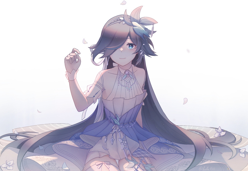 1girl bangs bare_shoulders black_hair blue_eyes closed_mouth dress fu_hua fu_hua_(azure_empyrea) hair_between_eyes hair_ornament hair_over_one_eye highres honkai_(series) honkai_impact_3rd lielie1511 long_hair looking_at_viewer panties petals seiza sitting smile solo thigh-highs underwear wedding_dress white_background white_dress white_legwear white_panties white_sleeves