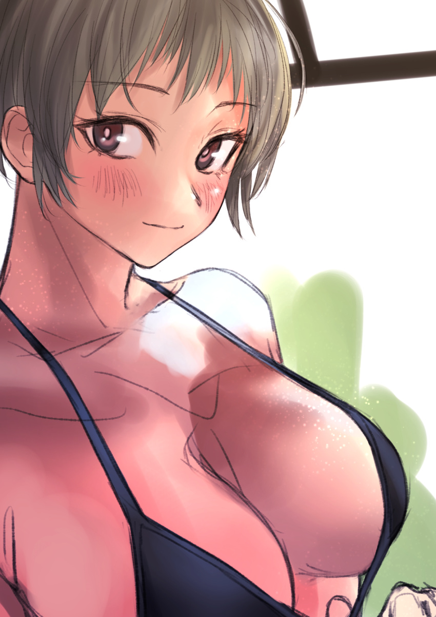 1girl bikini black_bikini blush breasts brown_eyes closed_mouth from_side grey_hair highres kilye_kairi large_breasts looking_at_viewer looking_to_the_side original short_hair sketch smile solo swimsuit upper_body