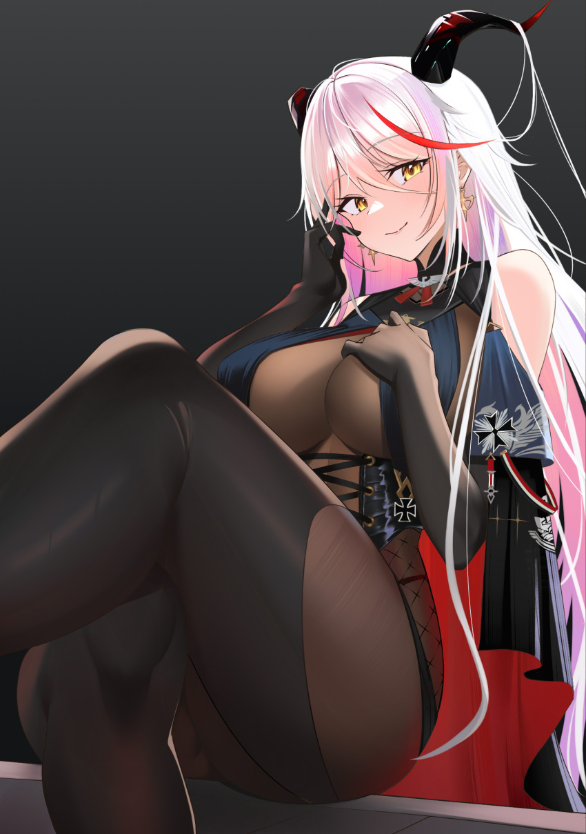 1girl absurdly_long_hair aegir_(azur_lane) azur_lane bare_shoulders black_background black_cape black_gloves black_legwear bodystocking breast_curtains cape cross cross-laced_clothes cross_earrings crossed_legs demon_horns earrings from_below gloves hair_on_horn hand_on_own_chest highres horns impossible_clothes iron_cross jewelry long_hair looking_at_viewer medal multicolored_hair redhead skin_tight smile solo streaked_hair two-tone_hair underbust very_long_hair white_hair xiaoxiao_de_kuangsan yellow_eyes